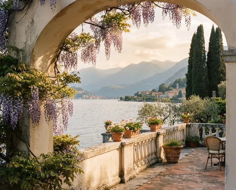 A wisteria-draped stone terrace looking over a lake, with cypress trees and mountains beyond
