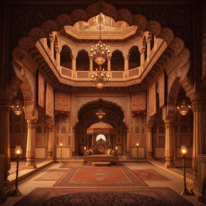 A chandelier-lit palace hall in northern India