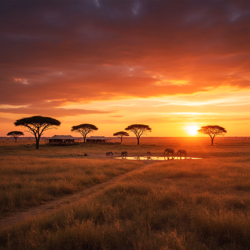 Acacia trees on the savannah at sunset