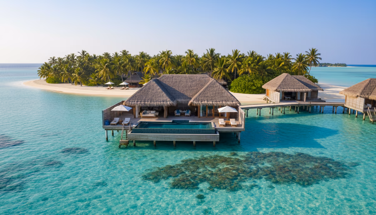 Overwater villas on a turquoise lagoon
