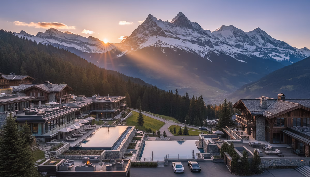 A lodge below snow peaks at first light