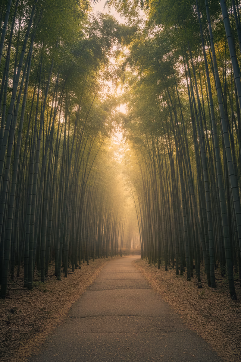 A path through a bamboo grove in morning light