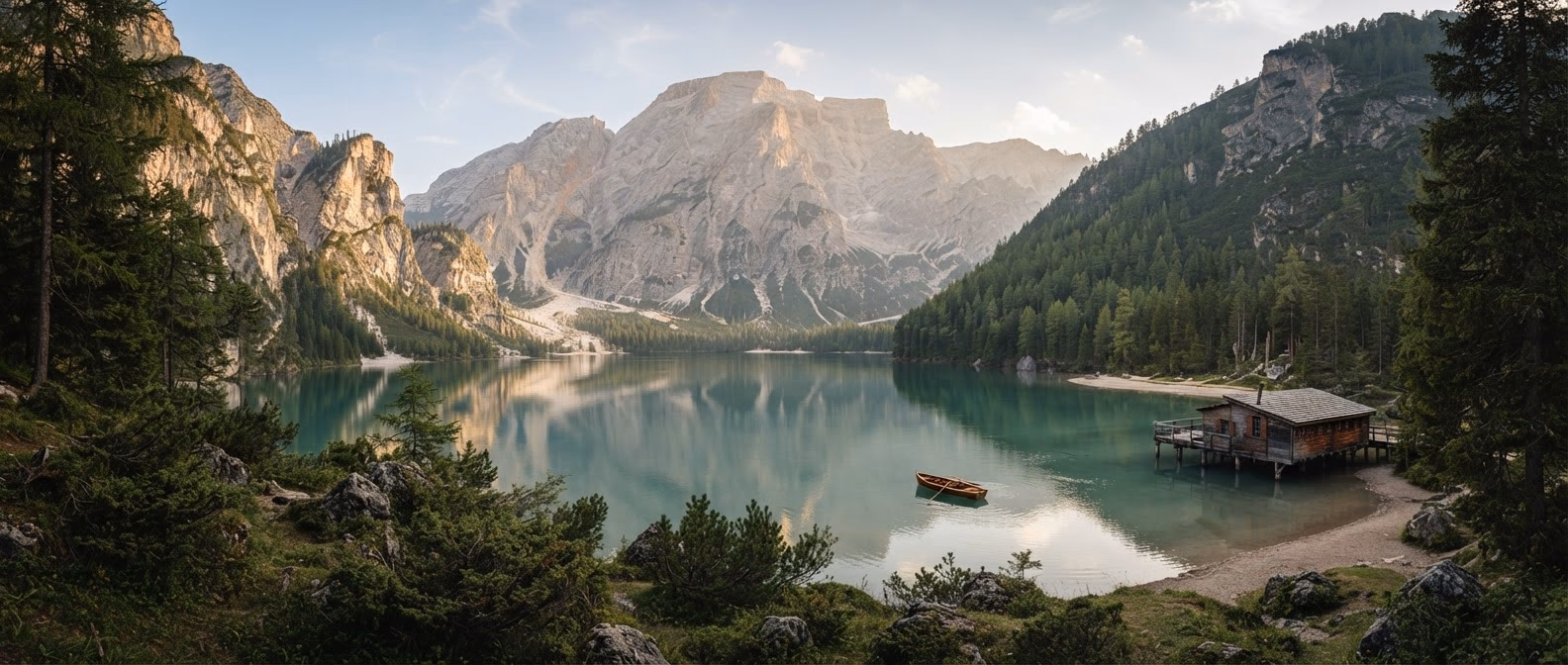 A turquoise alpine lake under steep forested mountains, with a small wooden boathouse and a rowing boat on the shore