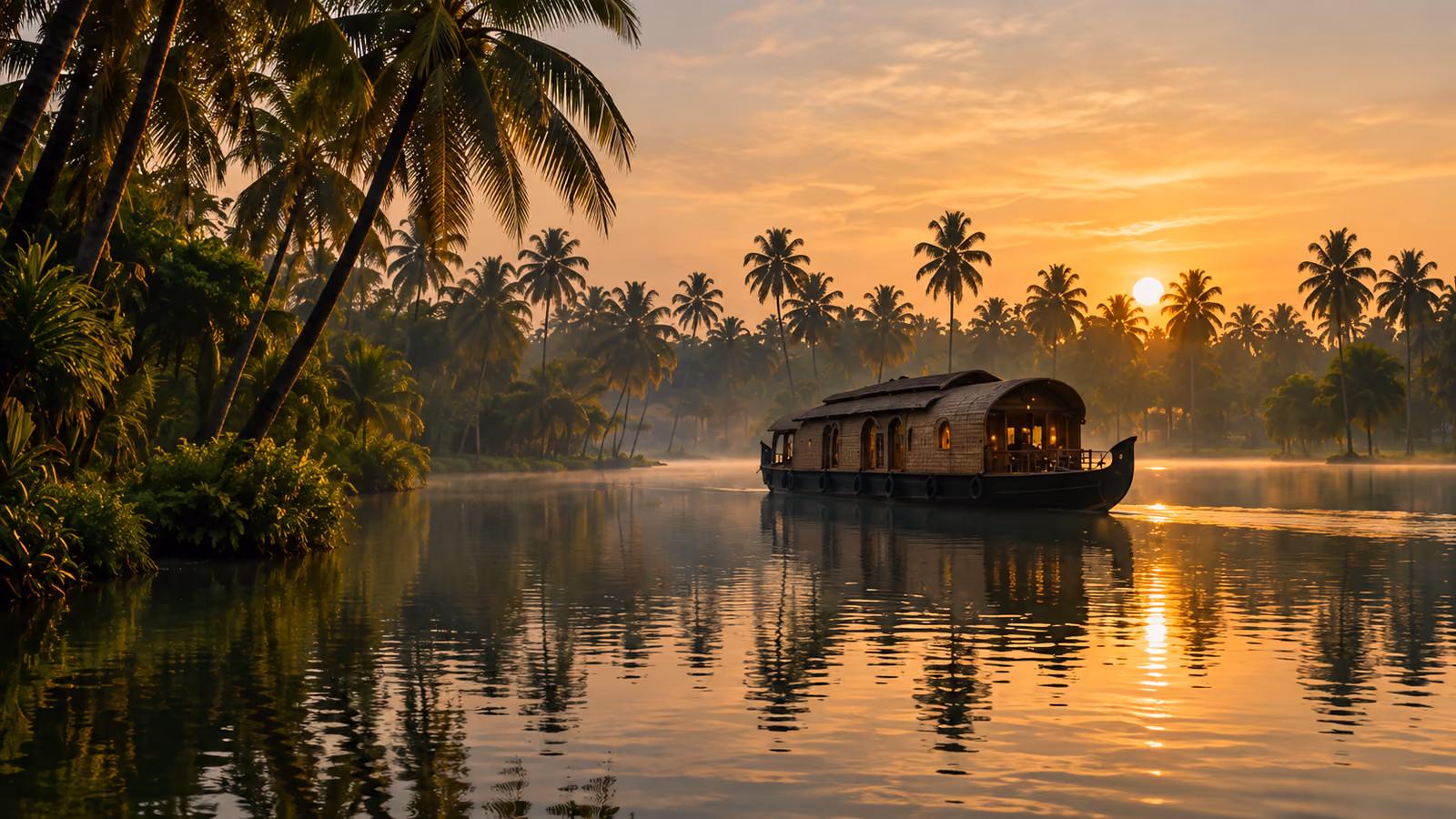 A traditional houseboat drifting past palm-lined Kerala backwaters at sunset