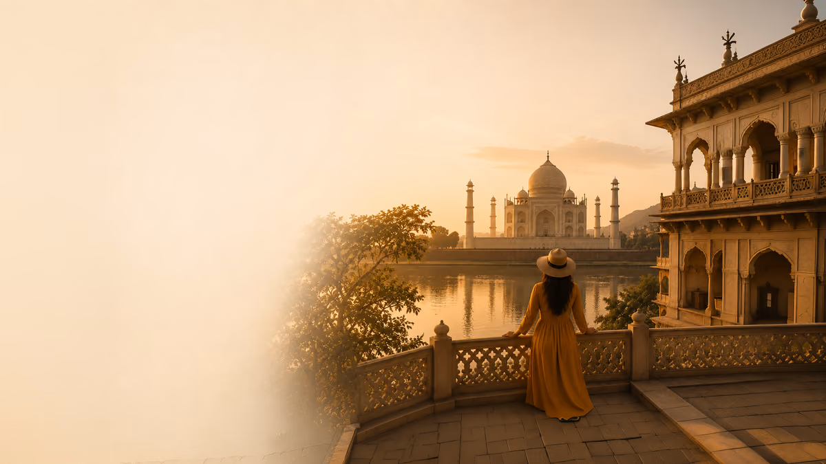 A traveller on a marble terrace watching the Taj Mahal across the river at sunrise