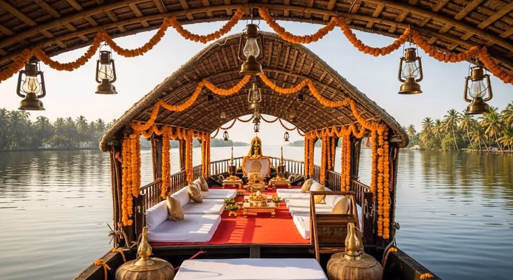 A houseboat deck dressed with marigold garlands, lanterns and a ceremonial altar on the Kerala backwaters