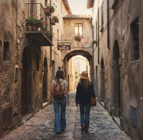Two women walking away down a narrow cobbled alley between old stone houses