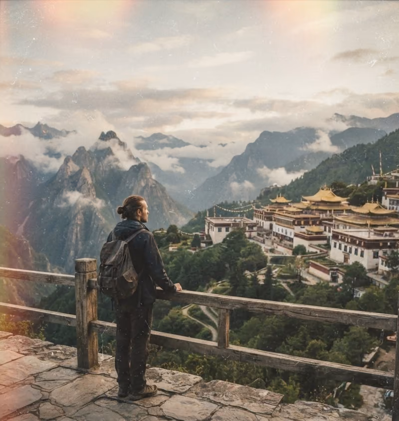A traveller with a backpack looking out from a stone terrace at a mountain monastery in the mist