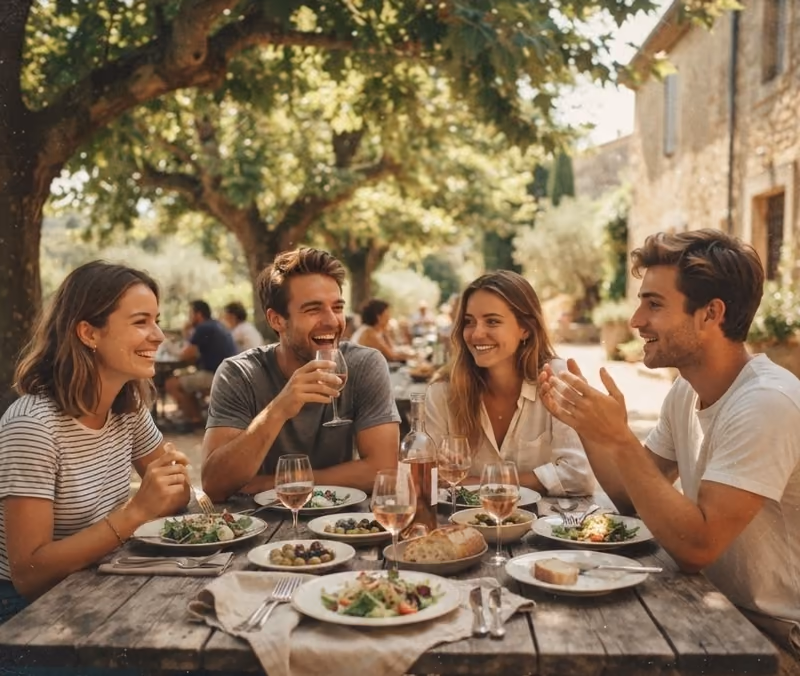 Friends laughing over a long lunch at a wooden table under shady trees
