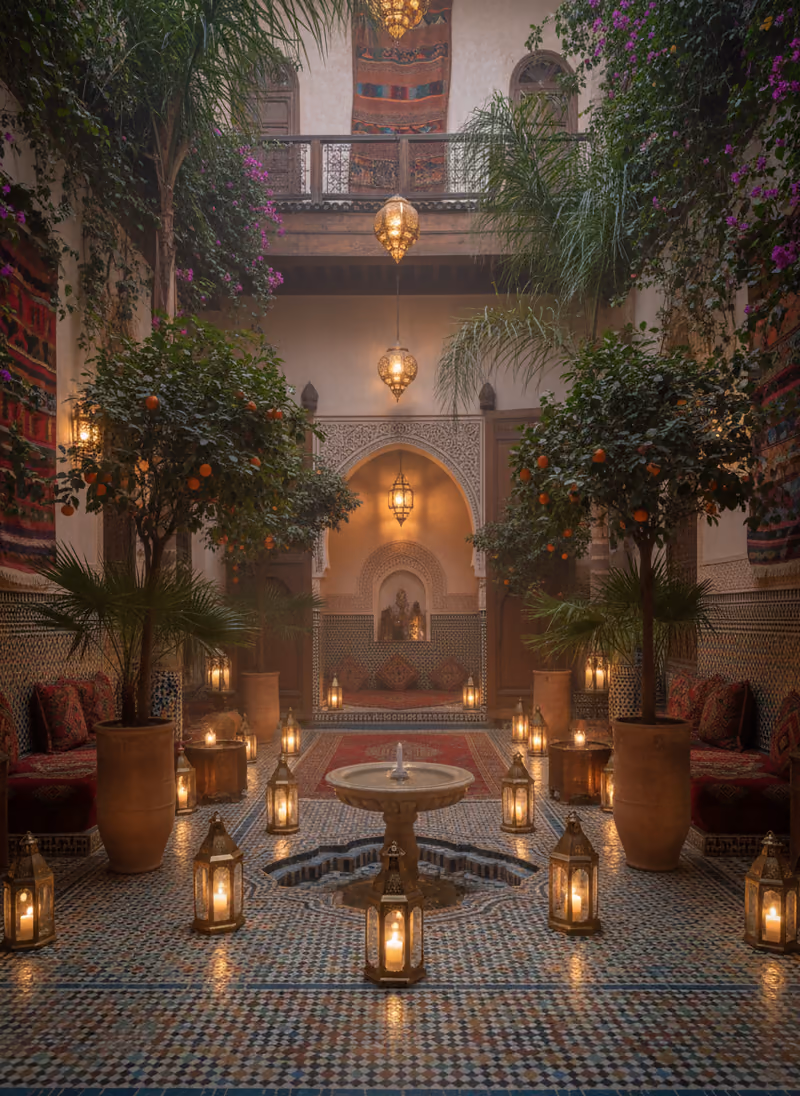 A lamplit riad courtyard planted with orange trees