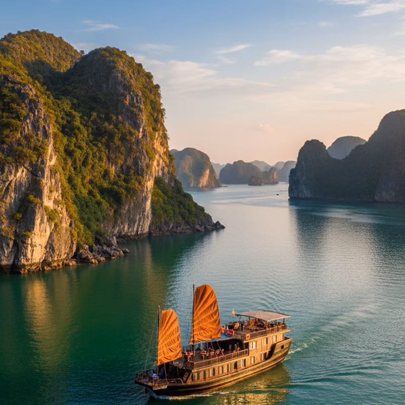 A junk under red sail among the karsts of Ha Long Bay
