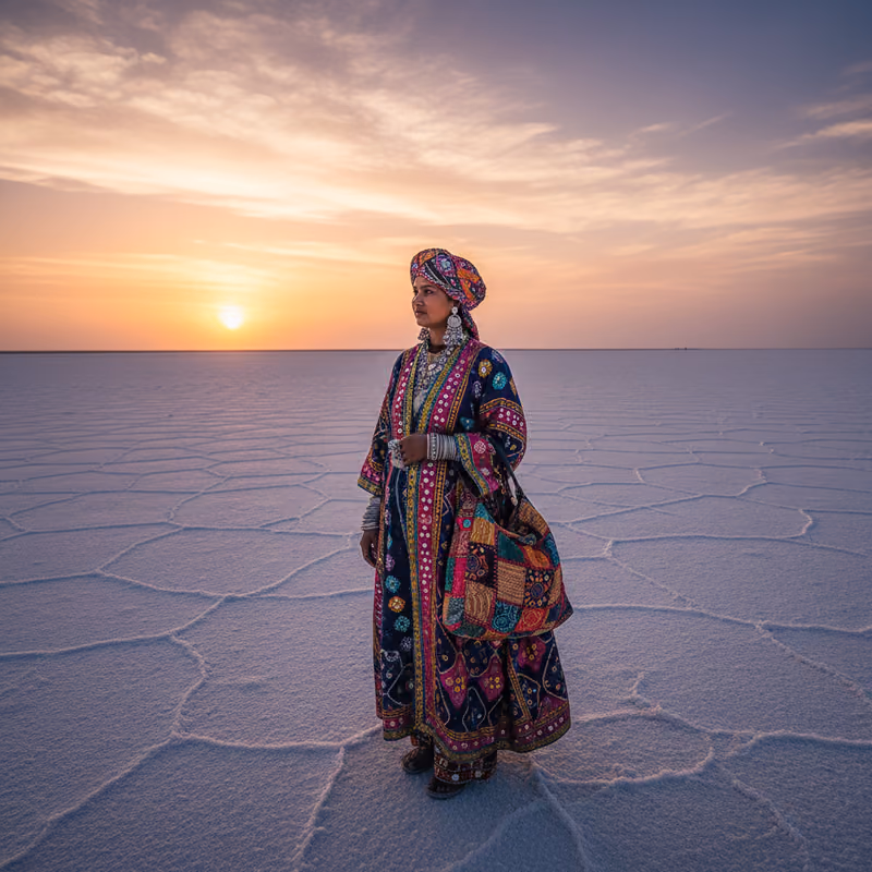 A woman in traditional dress crossing the white salt desert of the Rann of Kutch at sunset