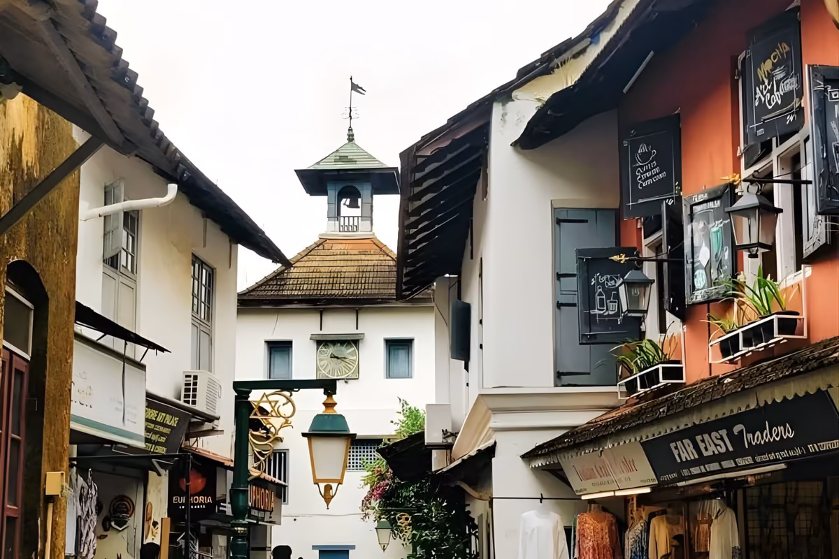 A quiet lane of weathered heritage buildings in Jew Town, Kochi