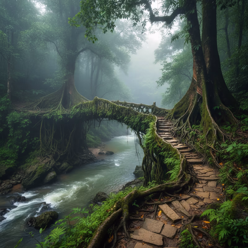 A living root bridge crossing a stream in the Meghalaya rainforest
