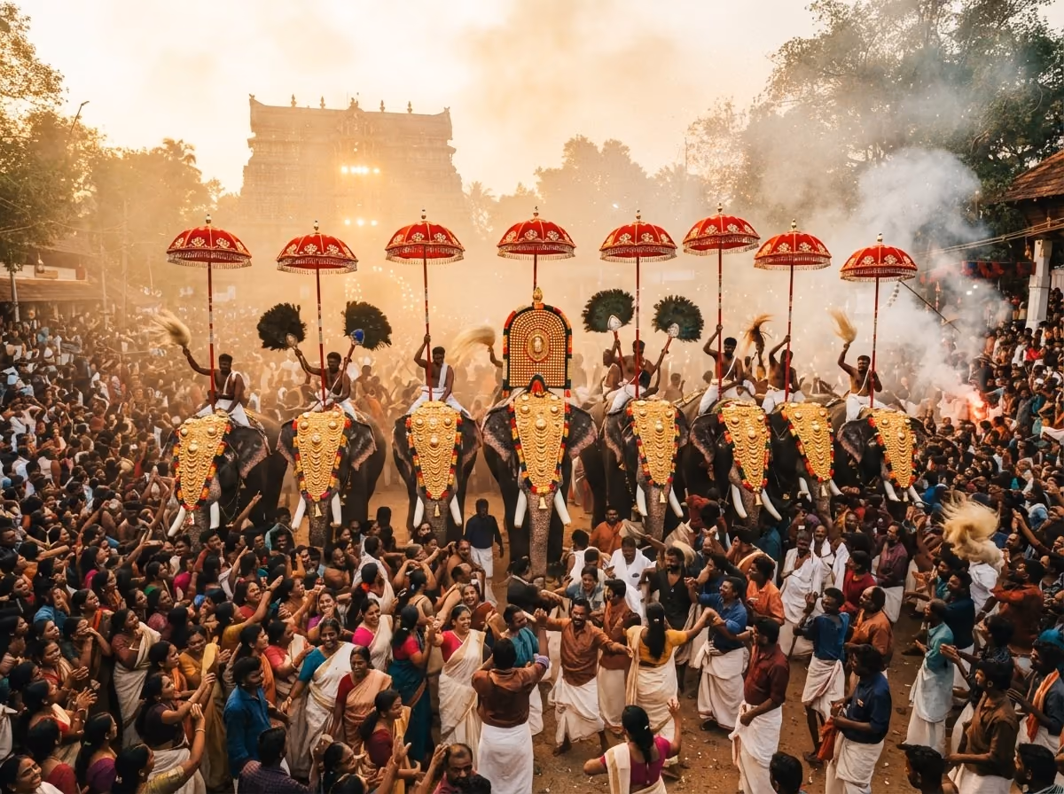 A festival procession of decorated elephants beneath ceremonial umbrellas