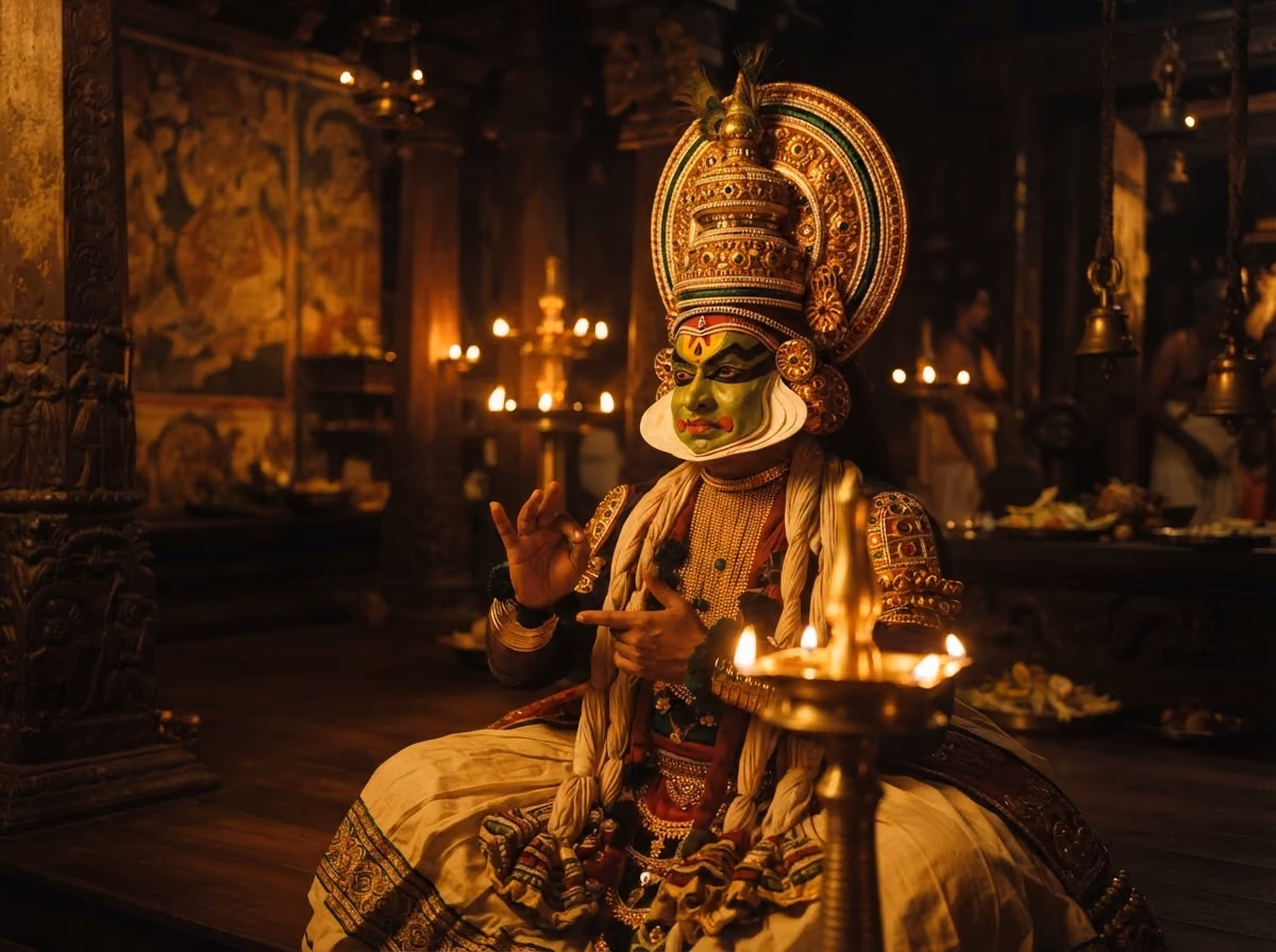 A Kathakali performer having their face paint applied by candlelight