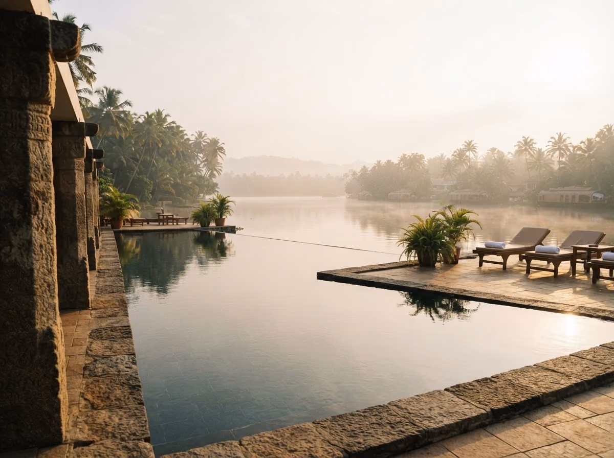 An infinity pool beside sun loungers overlooking a misty Kerala backwater at dawn