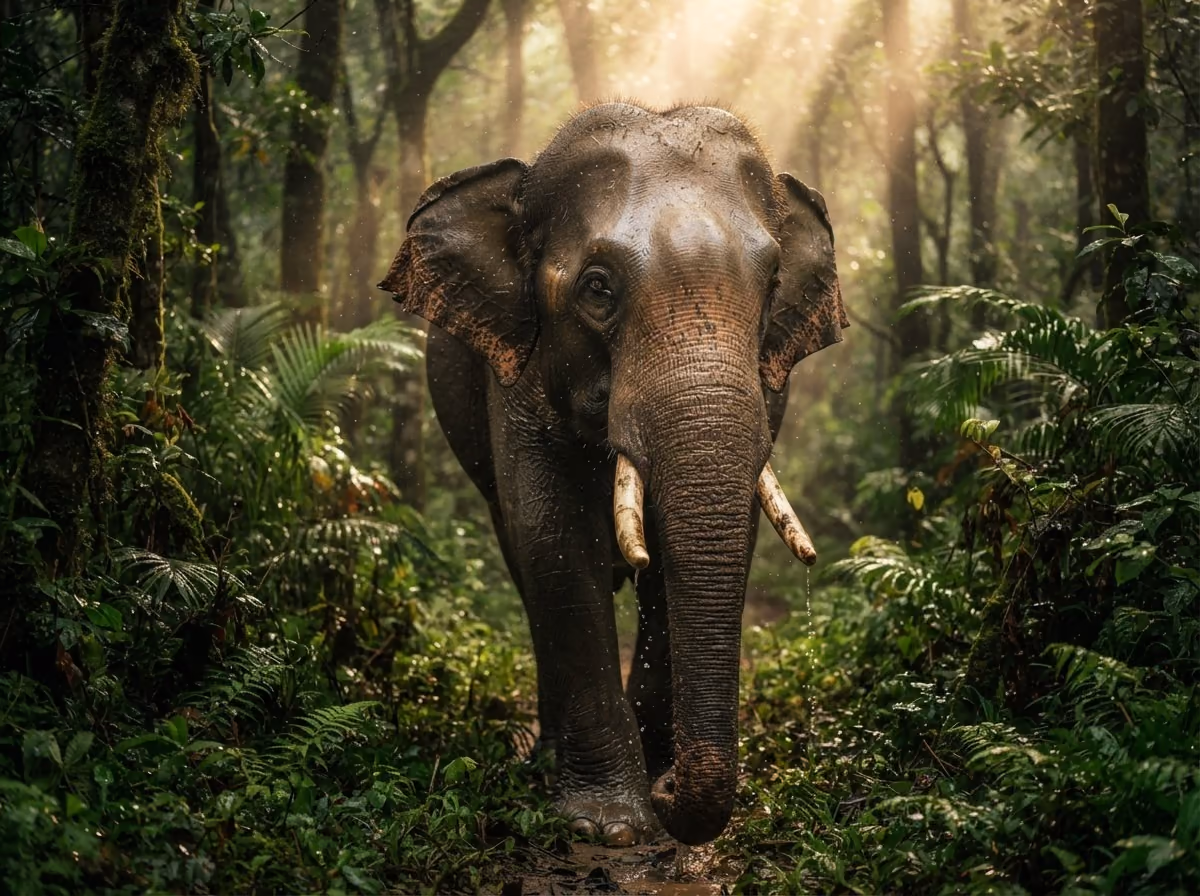 An elephant standing in dense jungle undergrowth