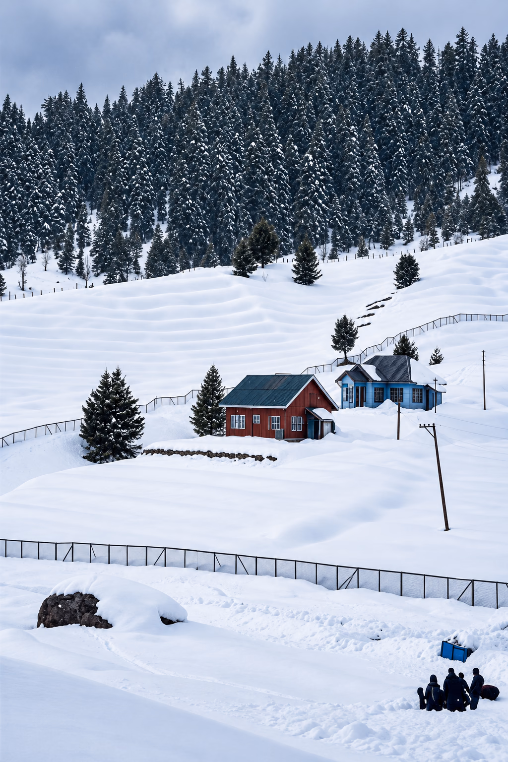 Two houses and pine trees in deep snow