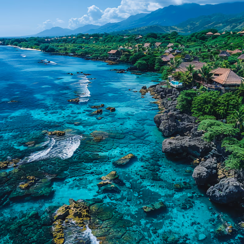 Turquoise reef waters lapping a forested, resort-lined coastline