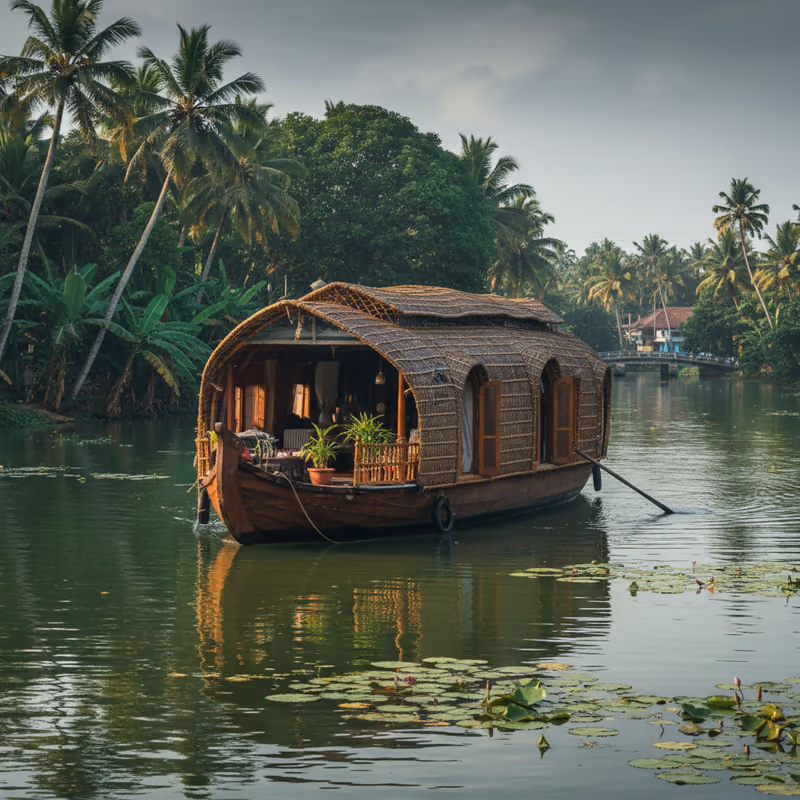 A houseboat moored among palms on the Kerala backwaters