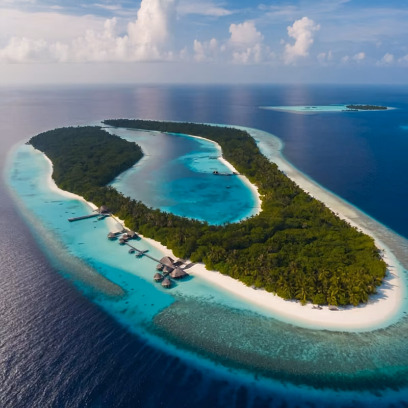 An aerial view of a coral atoll ringed by turquoise water