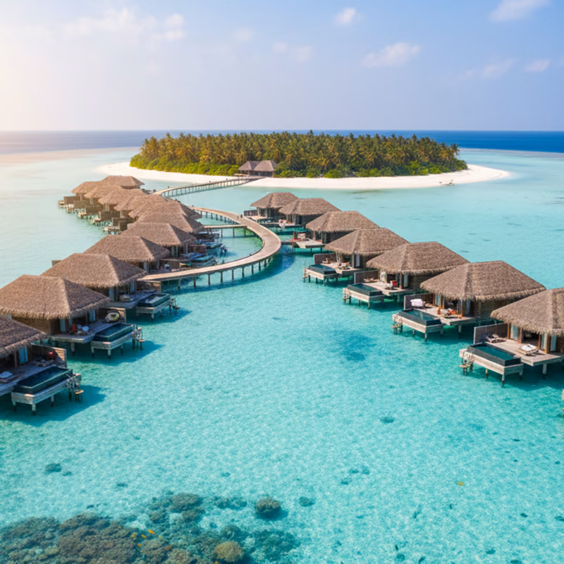 Overwater villas on a turquoise Maldivian lagoon
