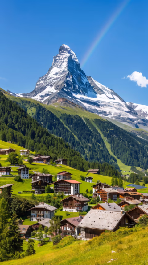 A rainbow arcing over a snow-capped alpine peak above a village