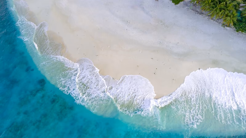 Surf washing onto a white-sand beach, seen from above