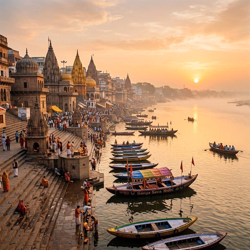 Boats on the Ganges at sunrise below the Varanasi ghats
