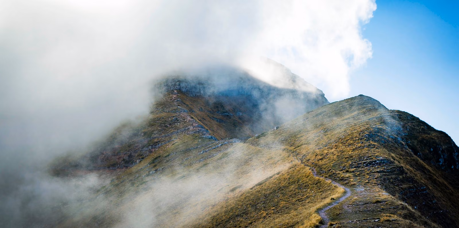 Hikers pausing on a forest trail beneath misty mountain peaks