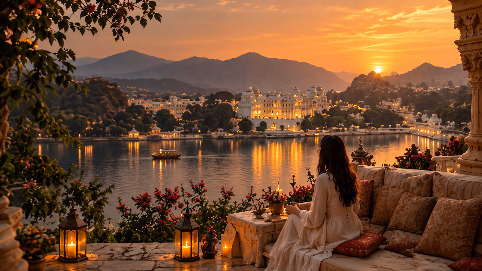 A traveller looking out over the Lake Palace at Udaipur at sunset, lanterns lit on the terrace beside her