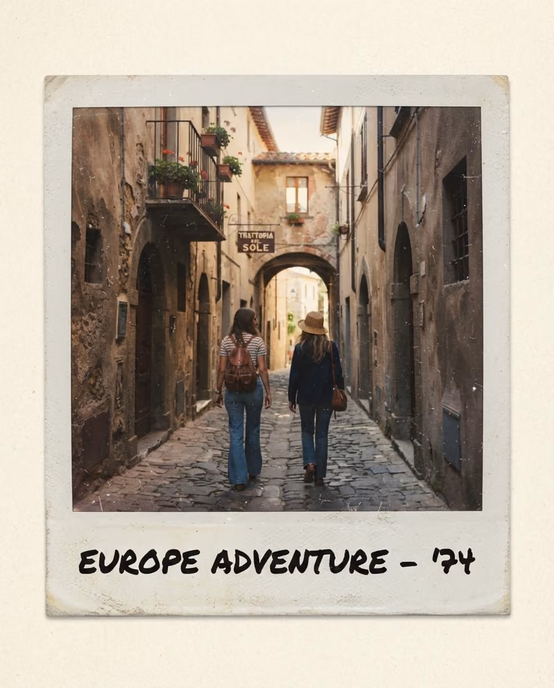 A framed polaroid-style photograph of two travellers walking down a cobbled European alley
