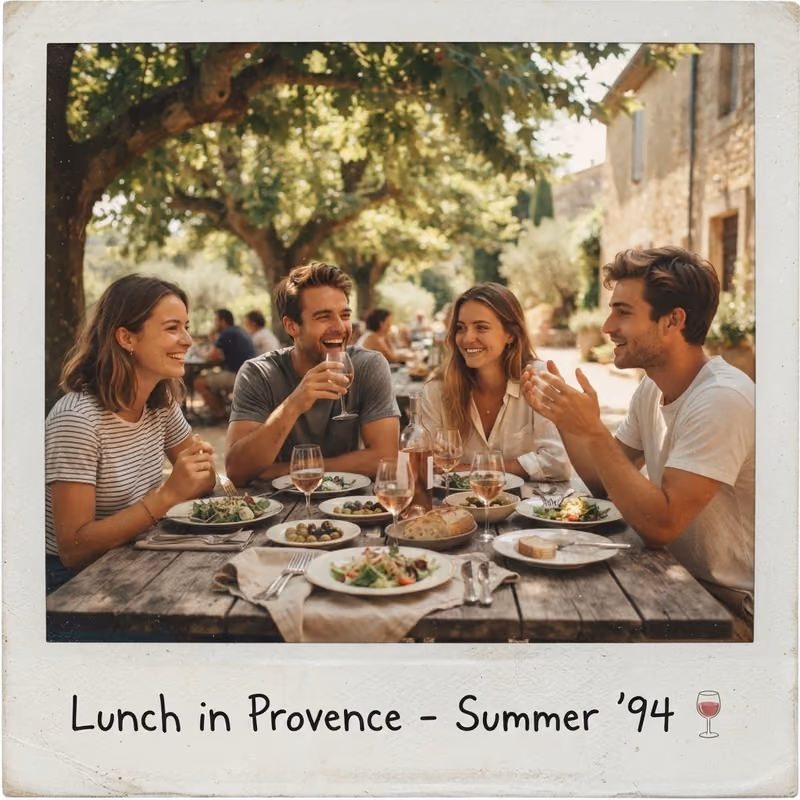 A framed polaroid-style photograph of friends sharing an outdoor lunch under trees