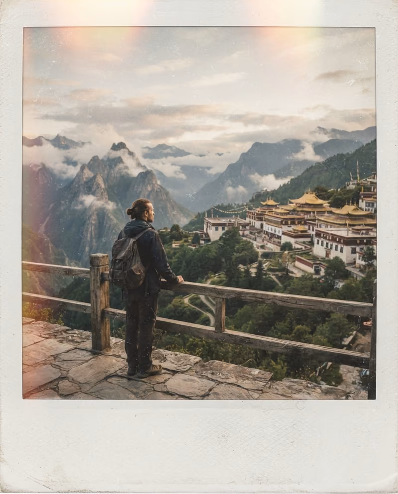 A framed polaroid-style photograph of a traveller looking out over a mountain monastery