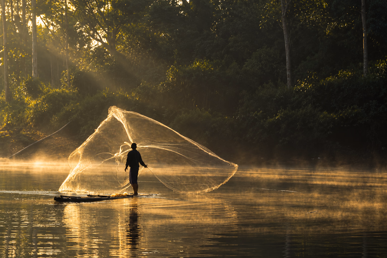 A fisherman casting a net on a misty lake at dawn